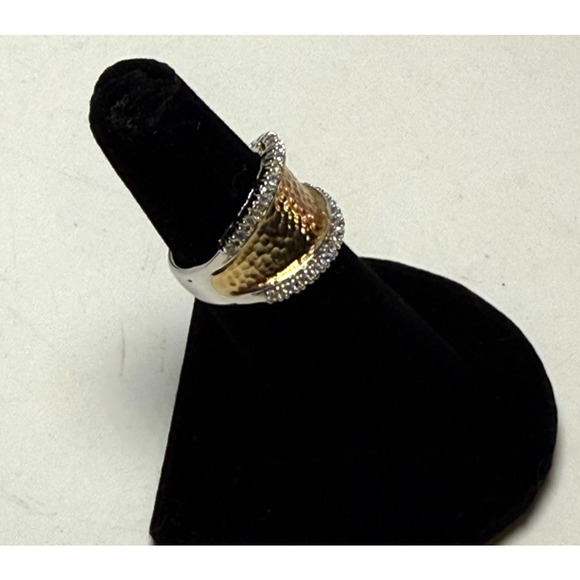 Joseph Esposito ESPO Sterling 925 Silver Gold Two Tone Hammered CZ Ring Size 6 - Picture 3 of 6